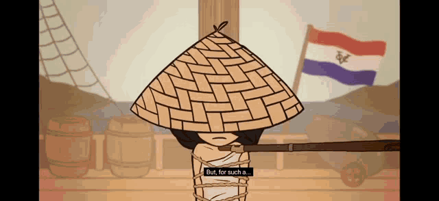 a cartoon of a man with a straw hat and a flag behind him that says but for such a