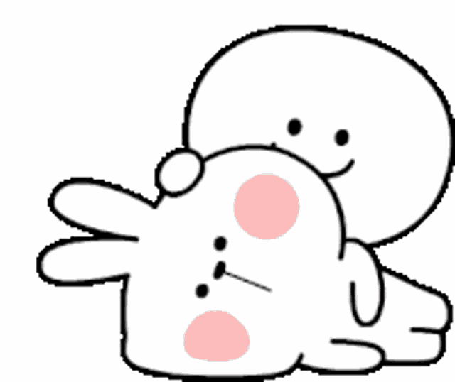 a cartoon of a person hugging a rabbit with a pink face .
