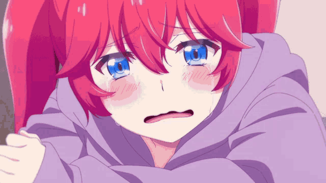 a girl with red hair and blue eyes is crying and wearing a purple hoodie
