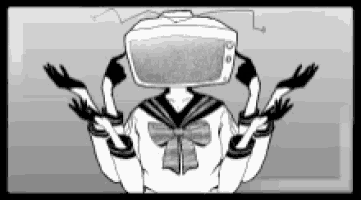 a black and white drawing of a girl with a television head and arms .