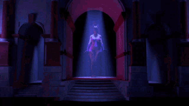 a woman in a pink dress is standing in a dark hallway