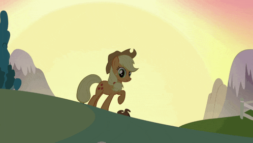 a cartoon pony named applejack is standing on a hill with mountains in the background