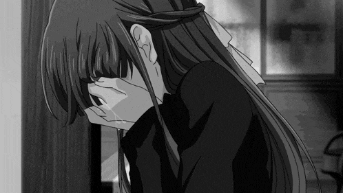 a black and white drawing of a girl covering her face with her hands