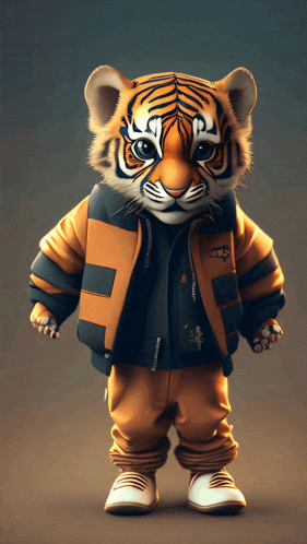 a cartoon tiger wearing a jacket and pants with the letter t on it