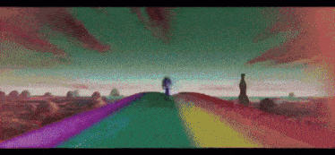 a painting of two people walking on a rainbow colored road