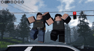 two roblox characters are standing on the roof of a vehicle