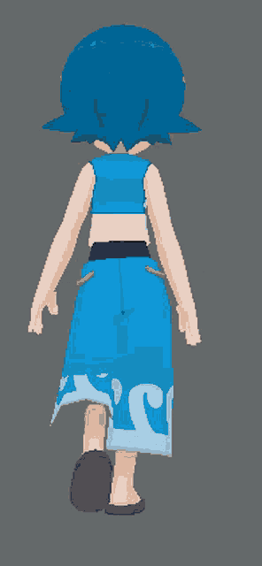 a pixel art of a girl with blue hair