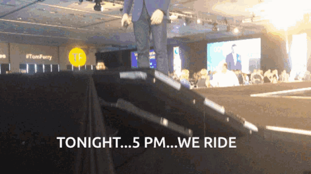 a man walking down a ramp with the words tonight 5 pm we ride written below him
