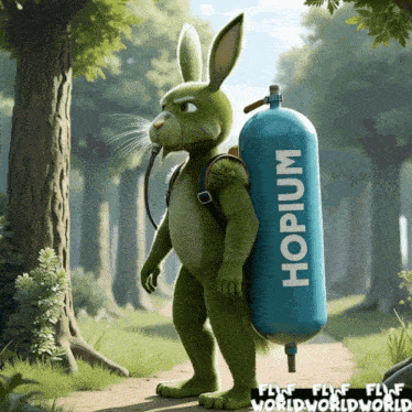 a cartoon rabbit is carrying a blue cylinder that says hopium