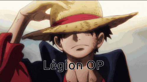 a man wearing a straw hat has legion op written on the bottom