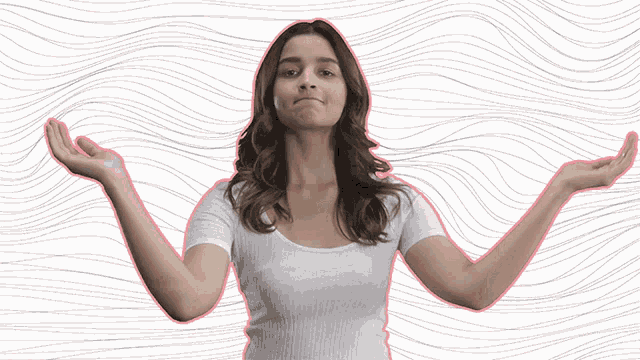 a woman in a white shirt with her arms outstretched making a face