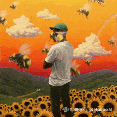 a painting of a man in a field of sunflowers with bees around him
