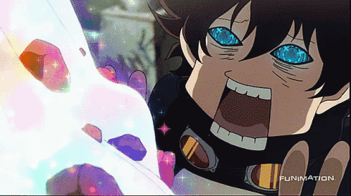 a cartoon of a boy with blue eyes and the words funimation on the bottom right