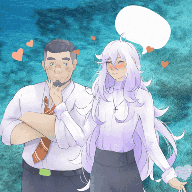 a man and a woman are standing next to each other with hearts surrounding them
