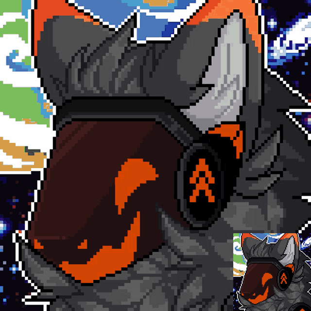 a pixel art of a cat wearing headphones and a mask