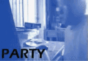 a blue background with the word party in black letters