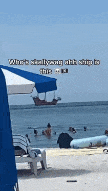 a beach scene with a pirate ship in the background and a caption that says who 's skallywag ahh ship is this