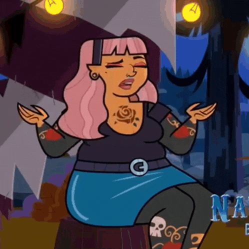 a cartoon woman with pink hair is sitting on a stump with the letter c on her belt