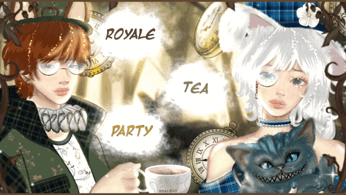 a cartoon of a boy and a girl with the words royale tea party