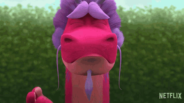 a pink dragon with purple hair and a mustache is featured in a netflix ad
