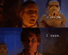 a storm trooper says i love you next to a man