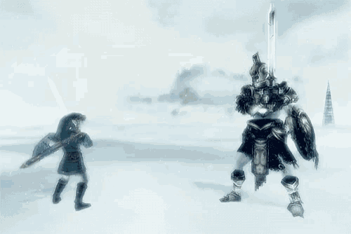 a video game character fighting another character with swords