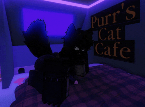 a black cat is standing in front of a sign for purr 's cat cafe