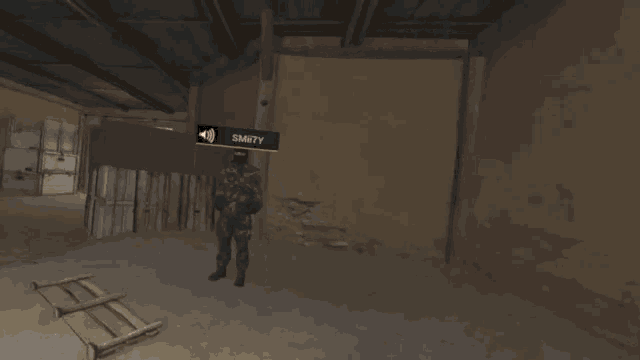 a person in a video game with a sign that says smsty