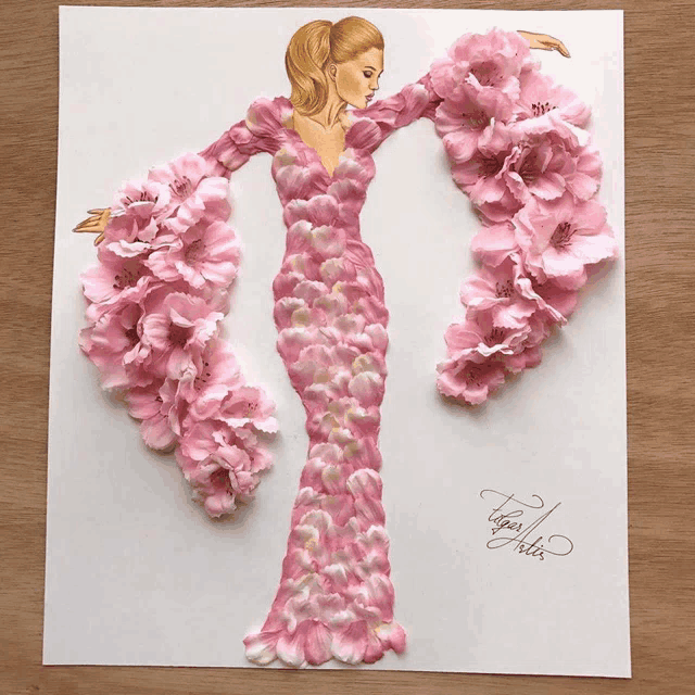 a drawing of a woman wearing a dress made of pink flowers