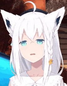 a girl with white hair and blue eyes is wearing a hat and a flower in her hair .
