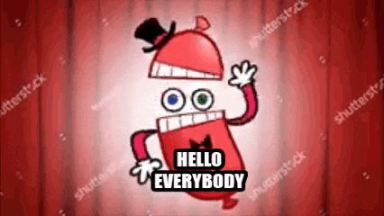 a cartoon character wearing a top hat and a red shirt says hello everybody .