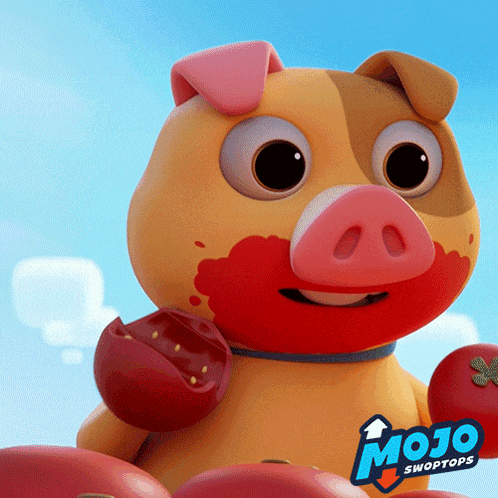 a mojo swoptops pig is holding a red apple