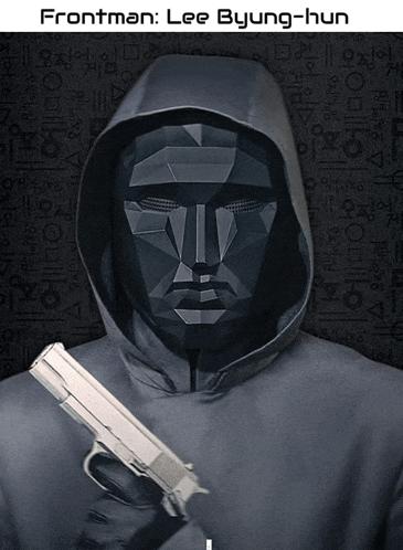 a poster for frontman lee byung-hun shows a man in a hoodie holding a gun