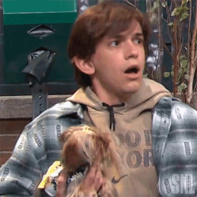 a man in a plaid shirt is holding a small dog and his shirt says new york
