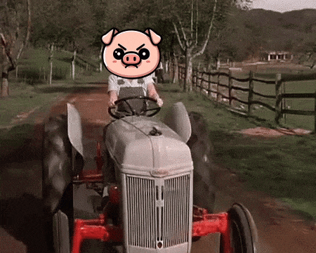 a man is driving a ford tractor with a pig mask on his head