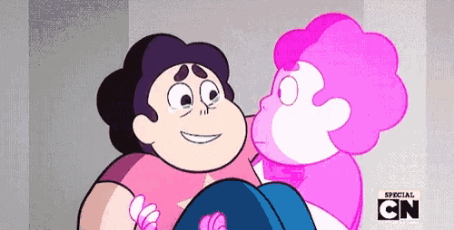 a cartoon character named steven universe is holding a pink cartoon character .