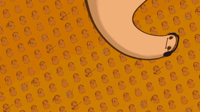 a cartoon character is surrounded by a pattern of potatoes with faces on them