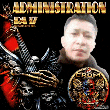 a picture of a man with skulls and the words administration on the top