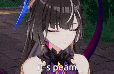 a close up of a girl with the words " it 's peam " on the bottom