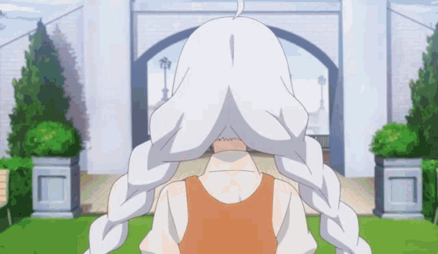 a cartoon character with a braided hair covering her face