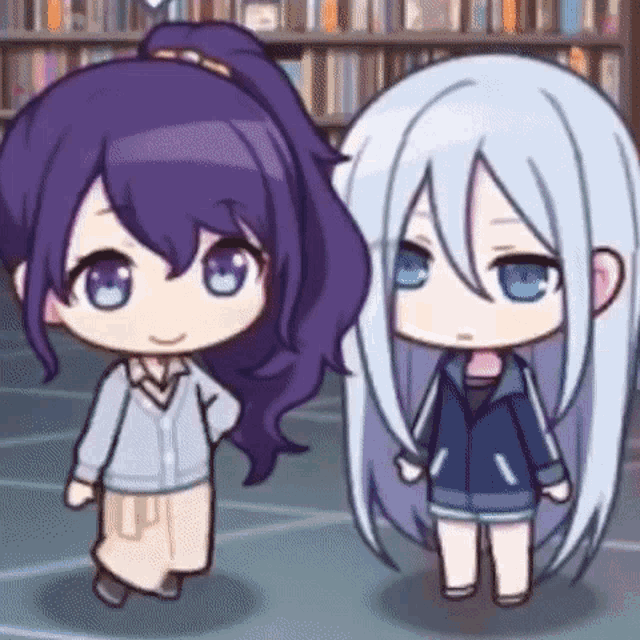 two anime characters are standing next to each other in front of a library .