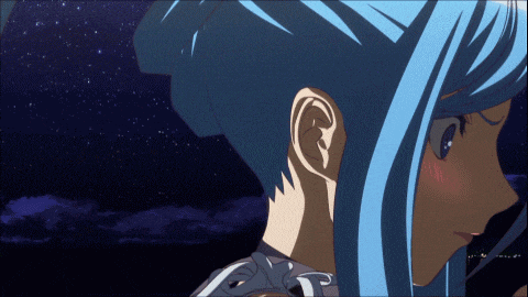 a blue haired anime character with a starry night sky in the background