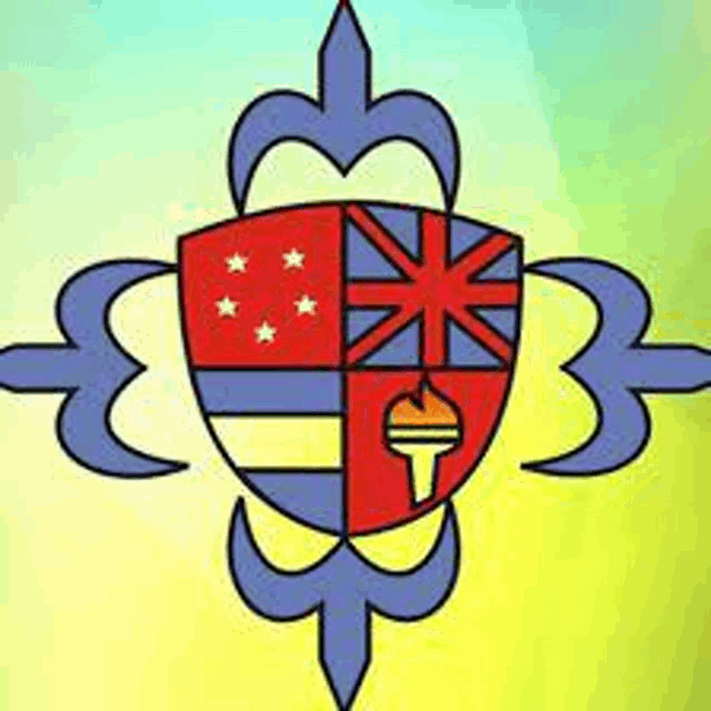 a cartoon drawing of a shield with the flags of the united kingdom , australia , and new zealand .