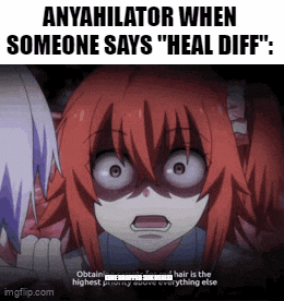 a cartoon of a girl with red hair says " heal diff "