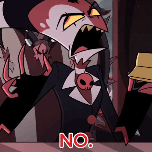 a cartoon character with a skull on his neck and the word no on the bottom