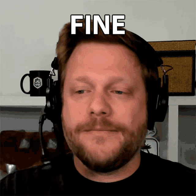 a man with a beard wearing headphones with the word fine above his head