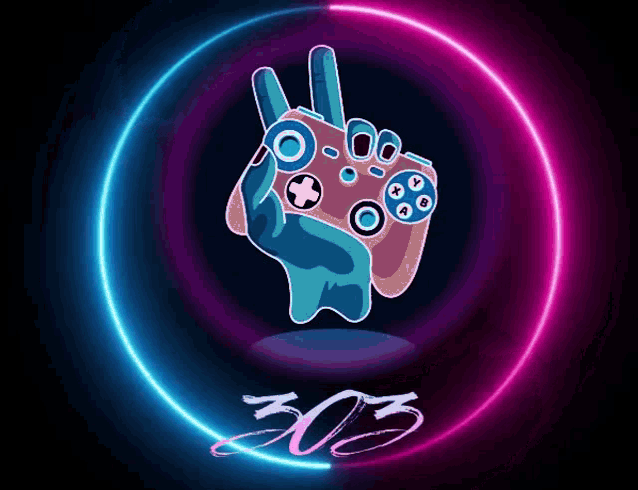 a hand holding a video game controller in a neon circle with the number 305 below it