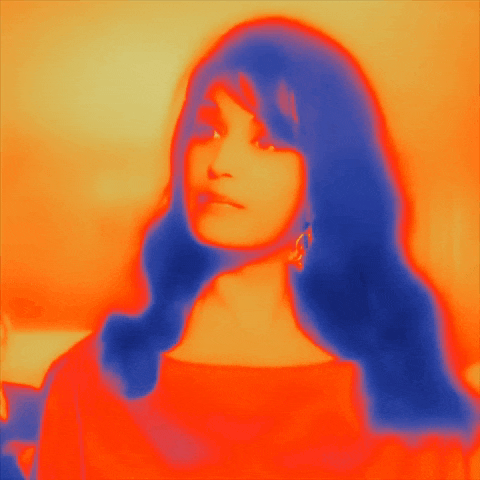 a painting of a woman with long blue hair and earrings