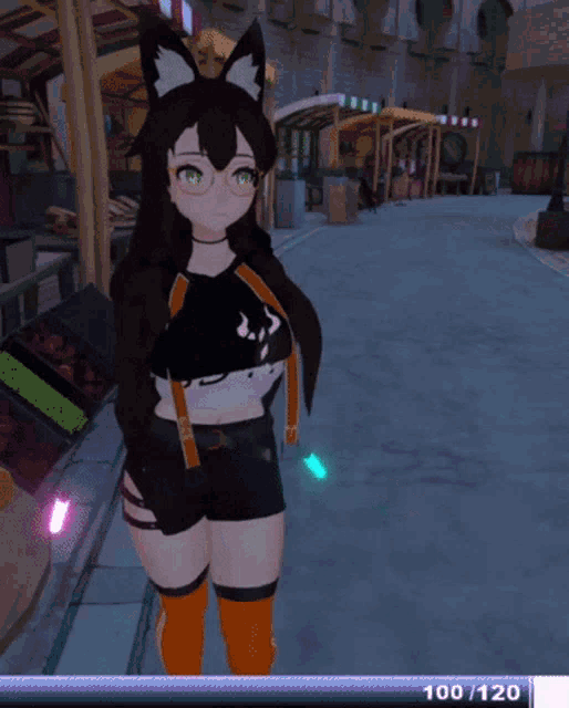 a girl in a video game is holding a light saber with the number 100/120 on the bottom