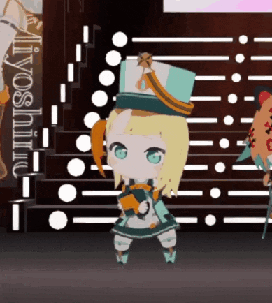 a cartoon character is dancing in front of a sign that says ' iiyoshinic ' on it